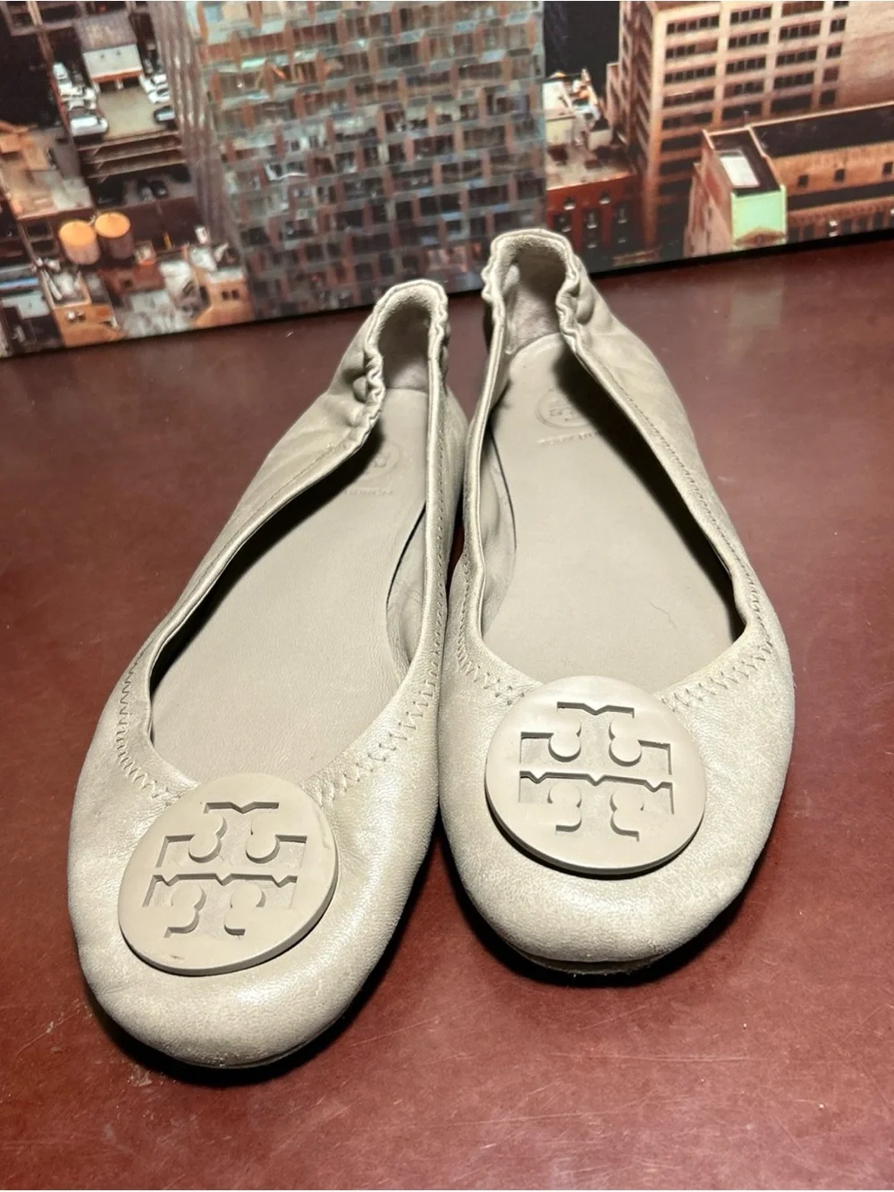 Tory Burch Neutral Taupe Logo Ballet Flats